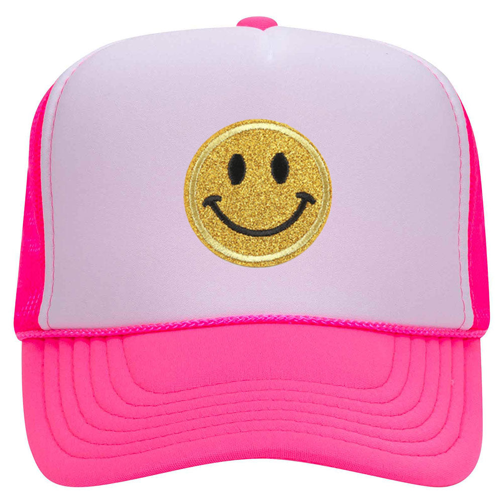 Yellow Glitter Happy Face Embroidered Patch Neon 5 Panel High Crown Foam  Mesh Back Trucker Hat - For Men and Women