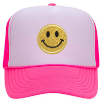 Yellow Glitter Happy Face Embroidered Patch Neon 5 Panel High Crown Foam Mesh Back Trucker Hat - For Men and Women