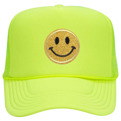 Yellow Glitter Happy Face Embroidered Patch Neon 5 Panel High Crown Foam Mesh Back Trucker Hat - For Men and Women