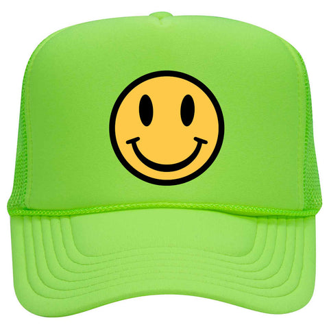 Yellow Happy Face Suede Like Feel Textured Printed Neon 5 Panel High Crown Foam Mesh Back Trucker Hat - For Men and Women