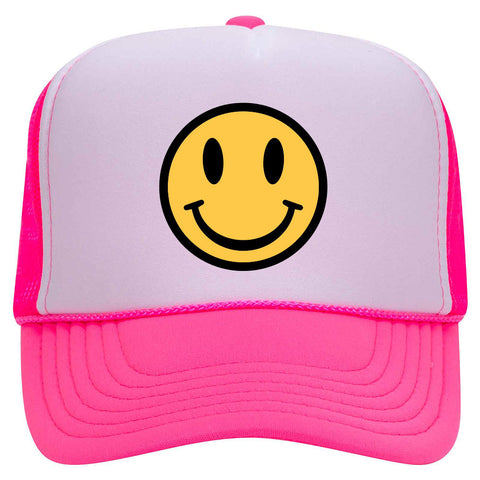 Yellow Happy Face Suede Like Feel Textured Printed Neon 5 Panel High Crown Foam Mesh Back Trucker Hat - For Men and Women