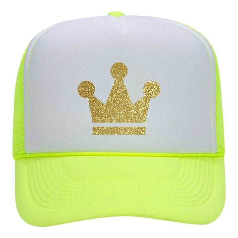 Gold Crown Glitter Printed Neon 5 Panel High Crown Foam Mesh Back Trucker Hat - for Men and Women