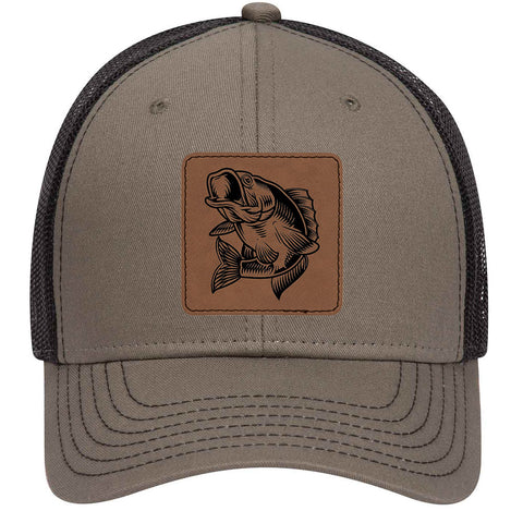 Bass Fish Square Leatherette Patch 6 Panel Low Profile Mesh Back Trucker Hat - For Men and Women