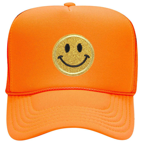 Yellow Glitter Happy Face Embroidered Patch Neon 5 Panel High Crown Foam Mesh Back Trucker Hat - For Men and Women