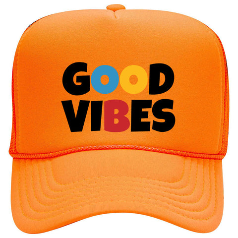 Good Vibes Suede Like Feel Textured Printed Neon 5 Panel High Crown Foam Mesh Back Trucker Hat