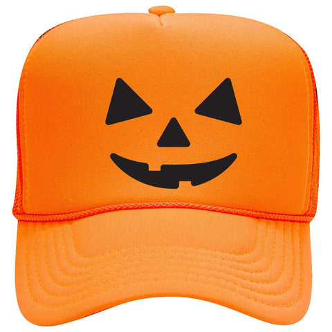 Pumpkin Happy Face Puff Halloween Printed 5 Panel High Crown Foam Mesh Back Trucker Hat - For Men and Women