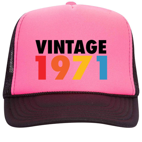 Customize Birth Year Birthday Retro Vintage Neon 5 Panel High Crown Foam Mesh Back Trucker Hat - For Men and Women