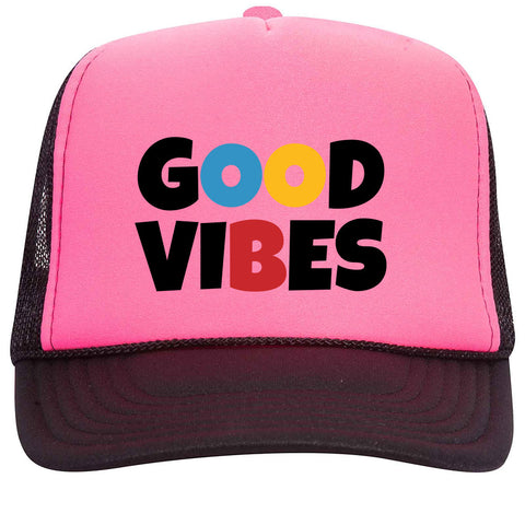 Good Vibes Suede Like Feel Textured Printed Neon 5 Panel High Crown Foam Mesh Back Trucker Hat