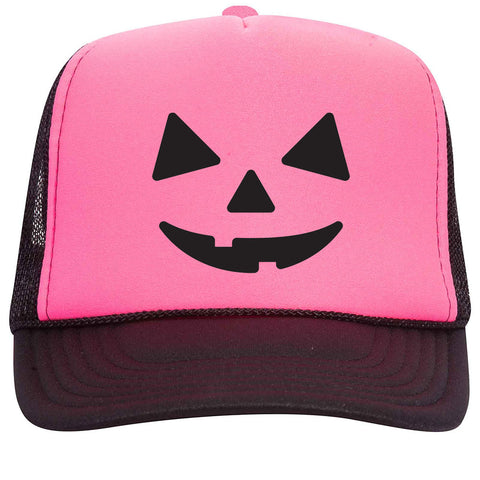 Pumpkin Happy Face Puff Halloween Printed 5 Panel High Crown Foam Mesh Back Trucker Hat - For Men and Women