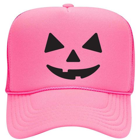 Pumpkin Happy Face Puff Halloween Printed 5 Panel High Crown Foam Mesh Back Trucker Hat - For Men and Women