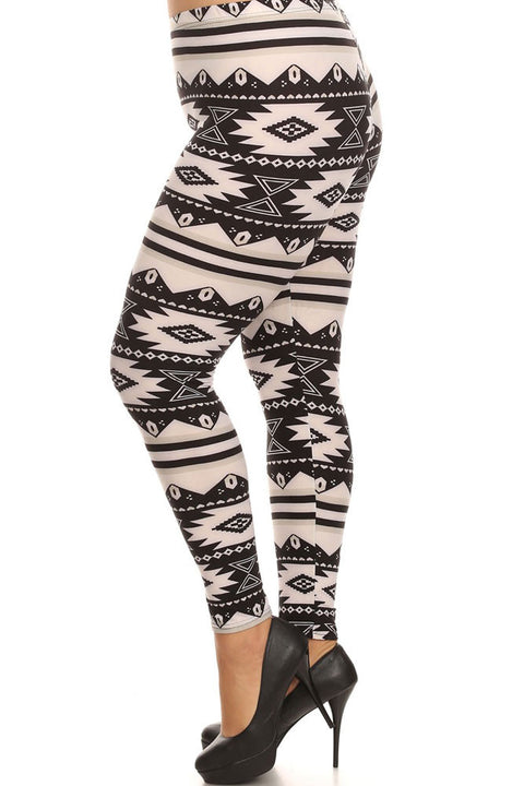 Women's Plus American Indian Aztec Pattern Print Leggings - White Black