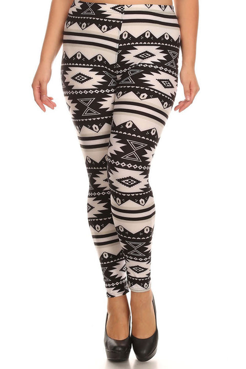 Women's Plus American Indian Aztec Pattern Print Leggings - White Black