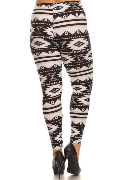Women's Plus American Indian Aztec Pattern Print Leggings - White Black