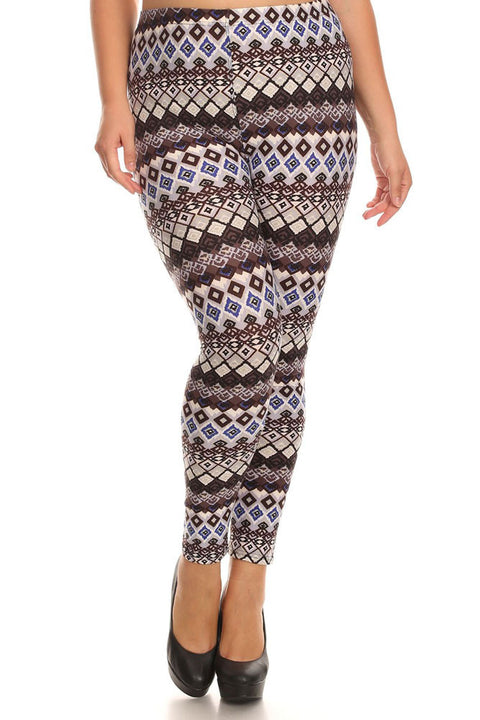 Women's Plus Lozenge Pattern and Stripe Print Leggings - Grey Blue