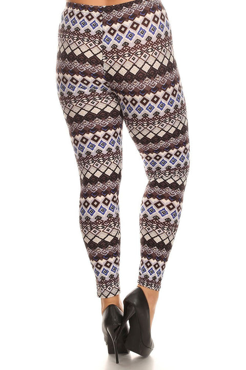 Women's Plus Lozenge Pattern and Stripe Print Leggings - Grey Blue