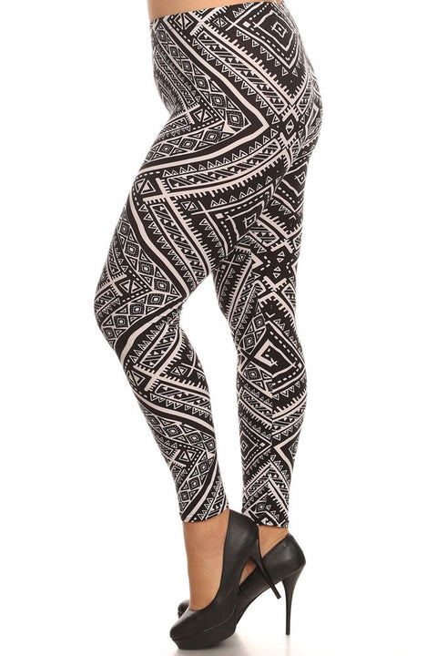 Women's Plus Big Square Pattern Print Leggings - Black White