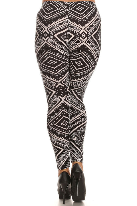 Women's Plus Big Square Pattern Print Leggings - Black White
