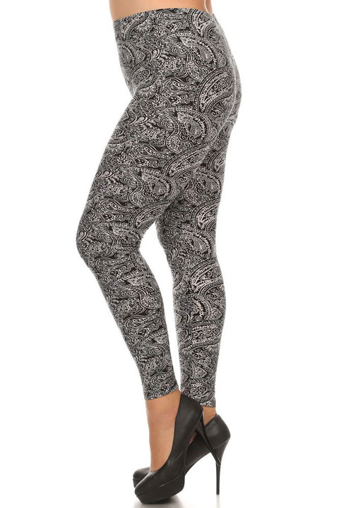 Women's Plus Gorgeous Paisley Pattern Print Leggings - Black White