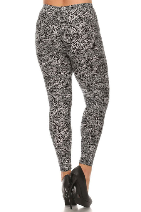 Women's Plus Gorgeous Paisley Pattern Print Leggings - Black White