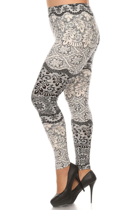 Women's Plus Light and Dark Contrast Floral Pattern Print Leggings - White Black