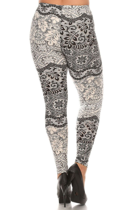 Women's Plus Light and Dark Contrast Floral Pattern Print Leggings - White Black