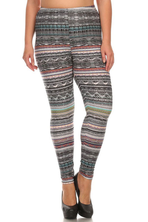 Women's Plus Mixed Color Splendid Tribal Pattern Print Leggings - Black Grey Red