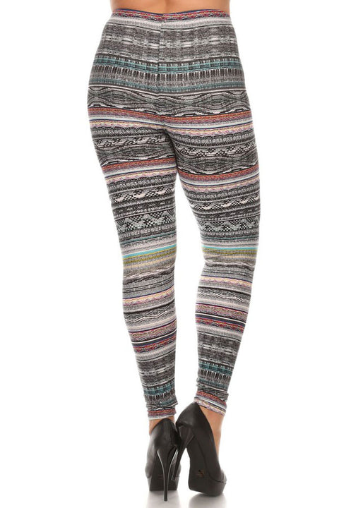 Women's Plus Mixed Color Splendid Tribal Pattern Print Leggings - Black Grey Red