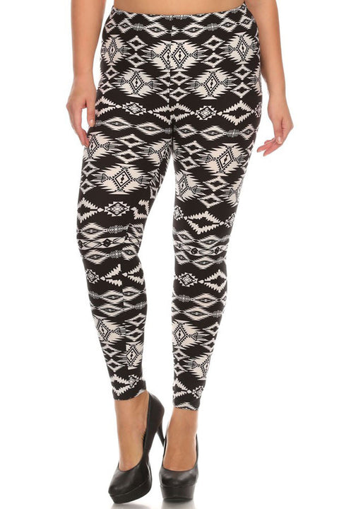 Women's Plus American Indian Tribal Pattern Print Leggings - Black White