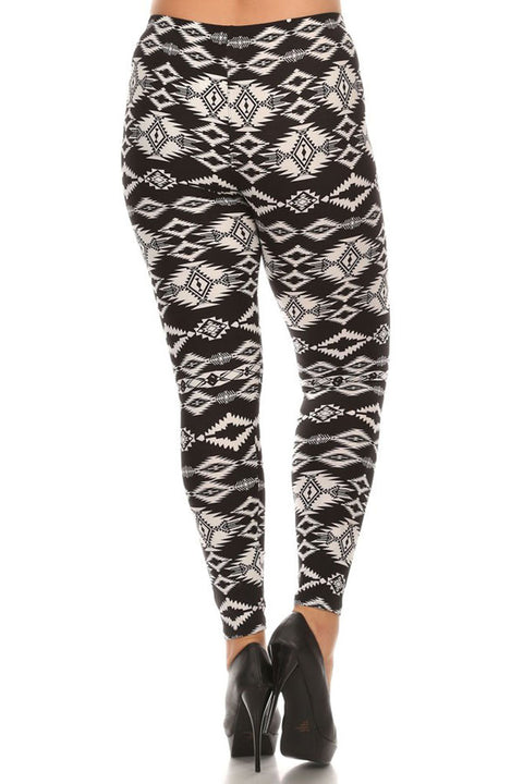 Women's Plus American Indian Tribal Pattern Print Leggings - Black White