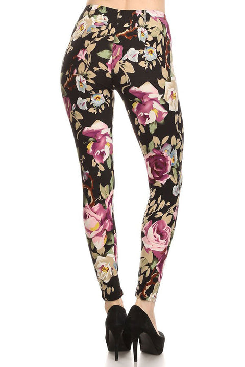 Women's Regular Big Floral Print Leggings with Elastic Waist - Black Purple