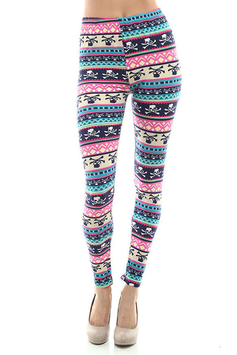 Women's Regular Mixed Small Skull Pattern Print Leggings - Blue Magenta Green