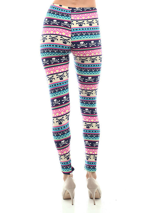 Women's Regular Mixed Small Skull Pattern Print Leggings - Blue Magenta Green