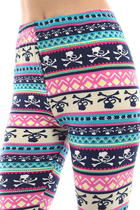 Women's Regular Mixed Small Skull Pattern Print Leggings - Blue Magenta Green