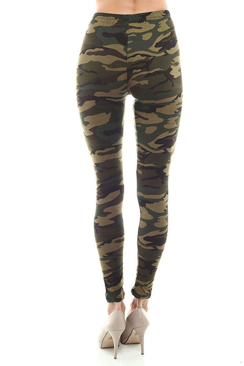 Women's Regular Military Pattern Print Leggings - Olive Brown