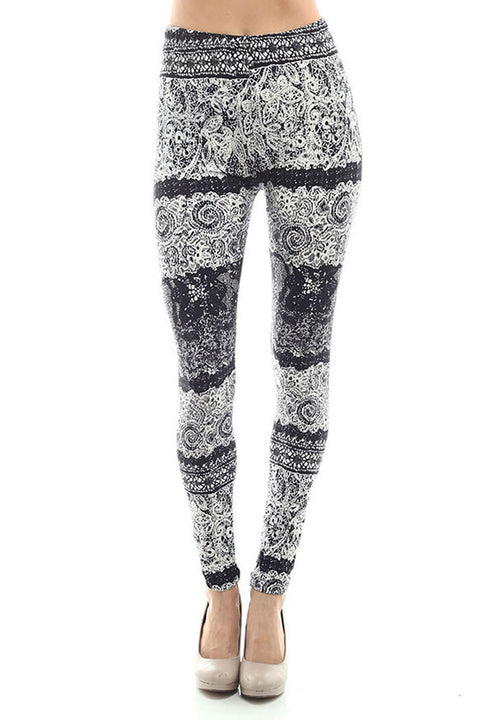 Women's Regular Abstract Flower Pattern Print Leggings - White Black