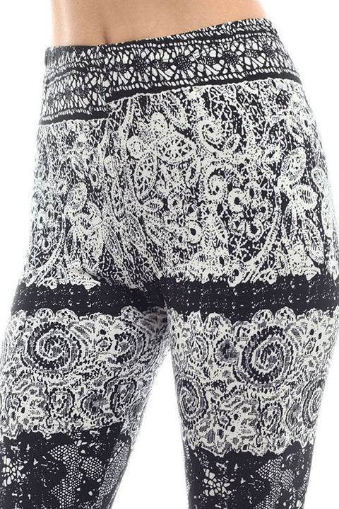 Women's Regular Abstract Flower Pattern Print Leggings - White Black