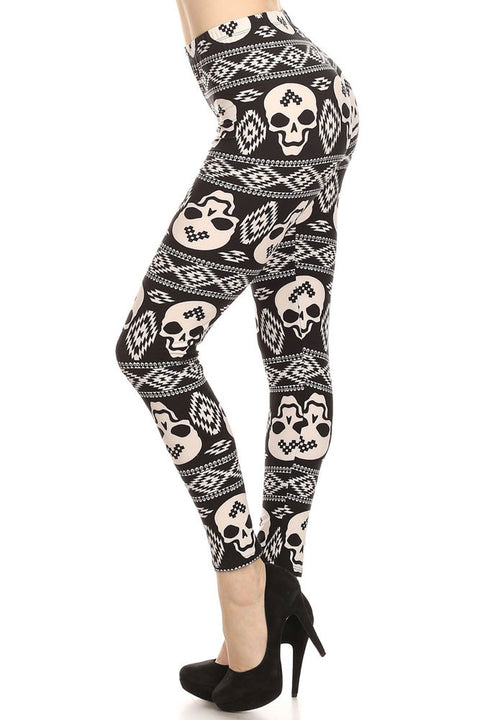 Women's Regular Interesting Navajo Skull Mix Pattern Print Leggings - Black White
