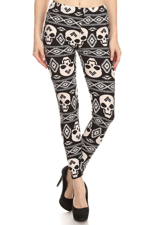 Women's Regular Interesting Navajo Skull Mix Pattern Print Leggings - Black White