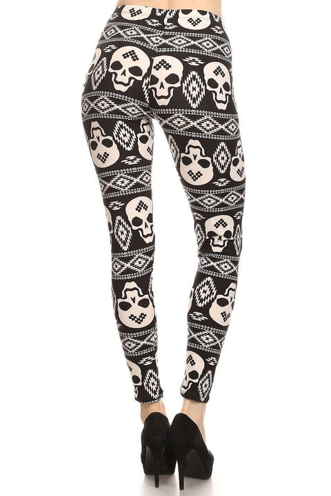 Women's Regular Interesting Navajo Skull Mix Pattern Print Leggings - Black White