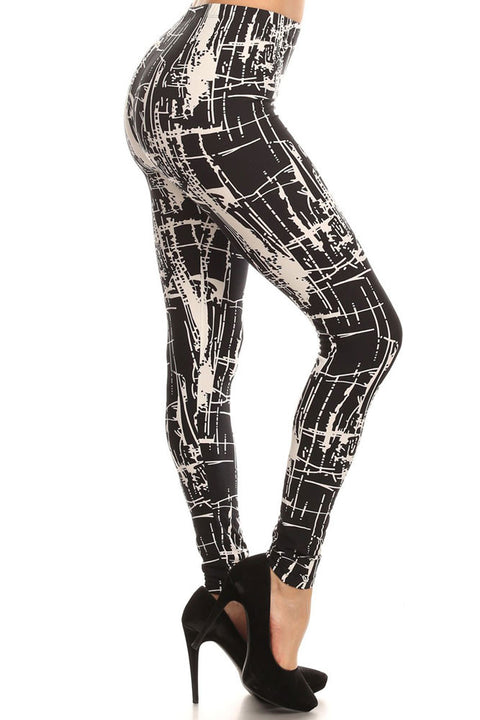 Women's Regular Abstract Line and Brush Paint Pattern Print Leggings - Black White