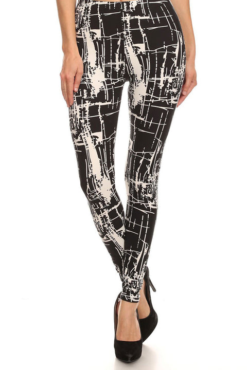 Women's Regular Abstract Line and Brush Paint Pattern Print Leggings - Black White