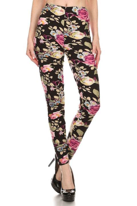 Women's Regular Rose and Stem Pattern Print Leggings - Black Fuchsia Green