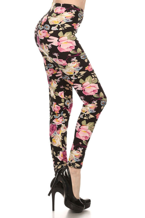 Women's Regular Rose and Stem Pattern Print Leggings - Black Fuchsia Green