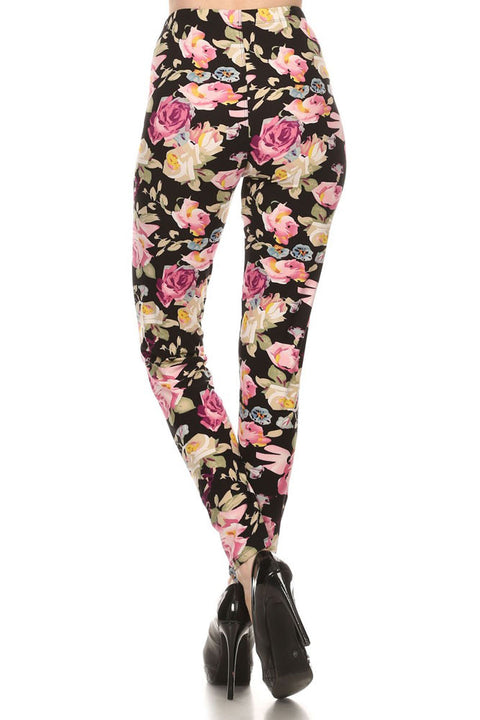 Women's Regular Rose and Stem Pattern Print Leggings - Black Fuchsia Green