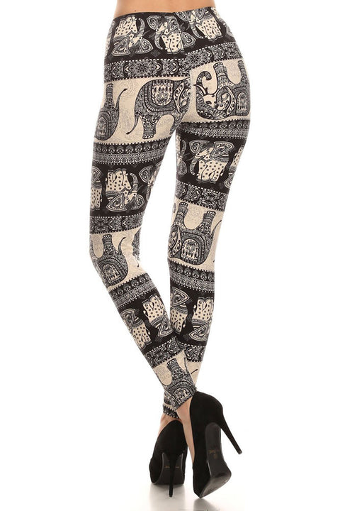 Women's Regular Oriental Elephant Pattern Print Leggings - Black White