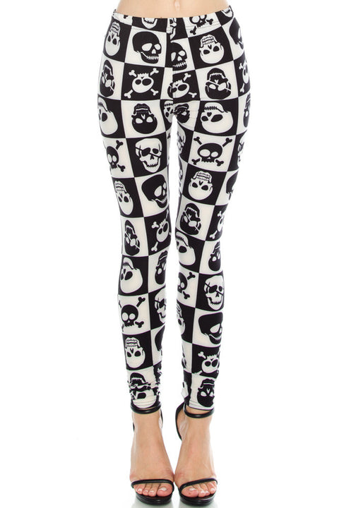Women's Regular Black and White Skull Leggings