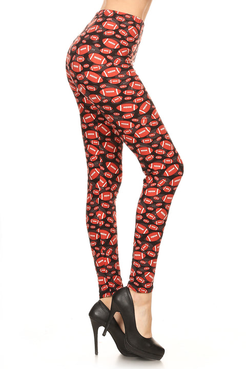 Women's PLUS Rugby Ball Pattern Printed Leggings - Football Black Red