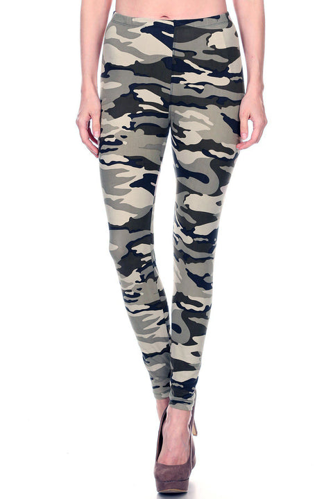 Women's Plus Camouflage Military Look Pattern Printed Leggings - Lt Grey Charcoal