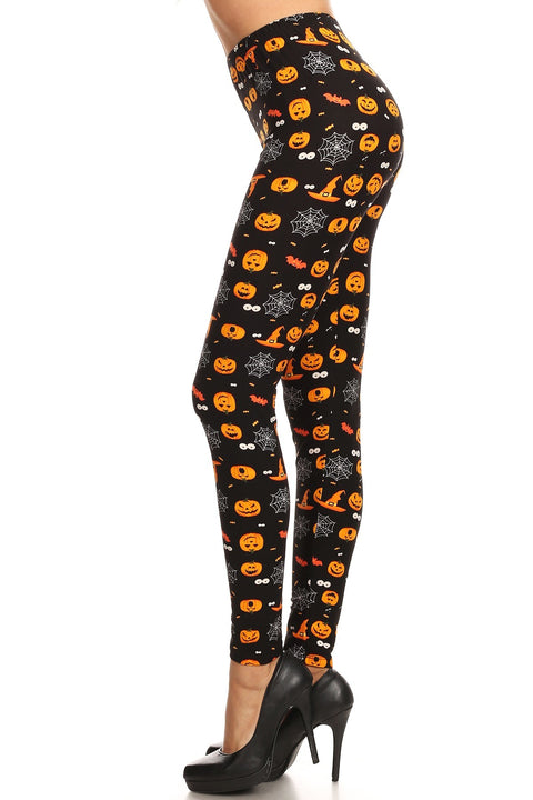 Women's 3X 5X Pumpkin Spider Web Pattern Printed Leggings - Orange
