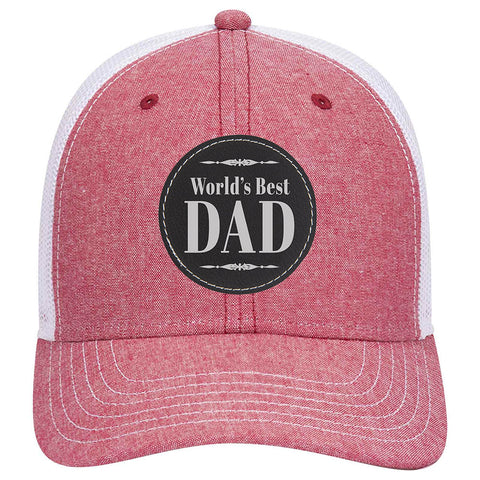 World's Best Dad Leatherette Patch Cotton Blend Chambray 6 Panel Low Profile Mesh Back Trucker Hat - For Men and Women